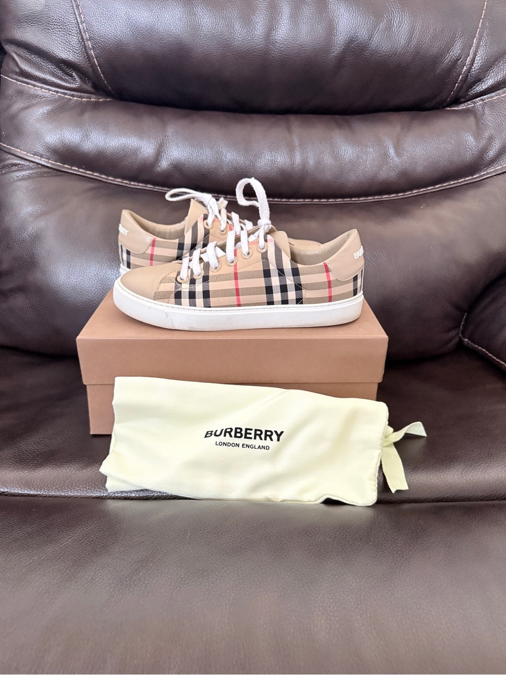 Burberry Beige & White Classic Check Low-Top Sneakers
